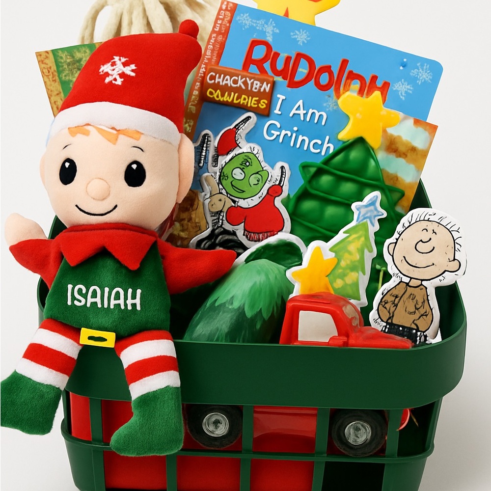 Kids Holiday Gift Basket - Christmas Plush Elf, Toys & Activities
